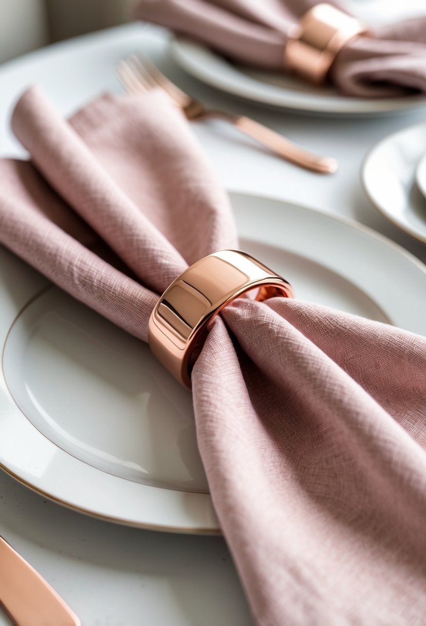 Close-up of blush pink napkins held by rose gold napkin rings arranged on a table.