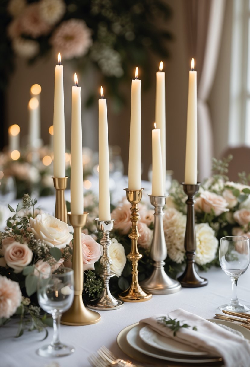 A round table set with mixed metallic candle holders holding ivory pillar candles, surrounded by floral arrangements and wedding tableware.
