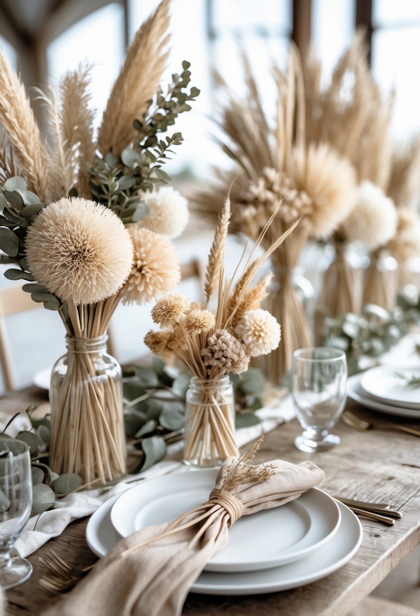A wedding table set with neutral-toned dried flower centerpieces and simple tableware on a wooden table.