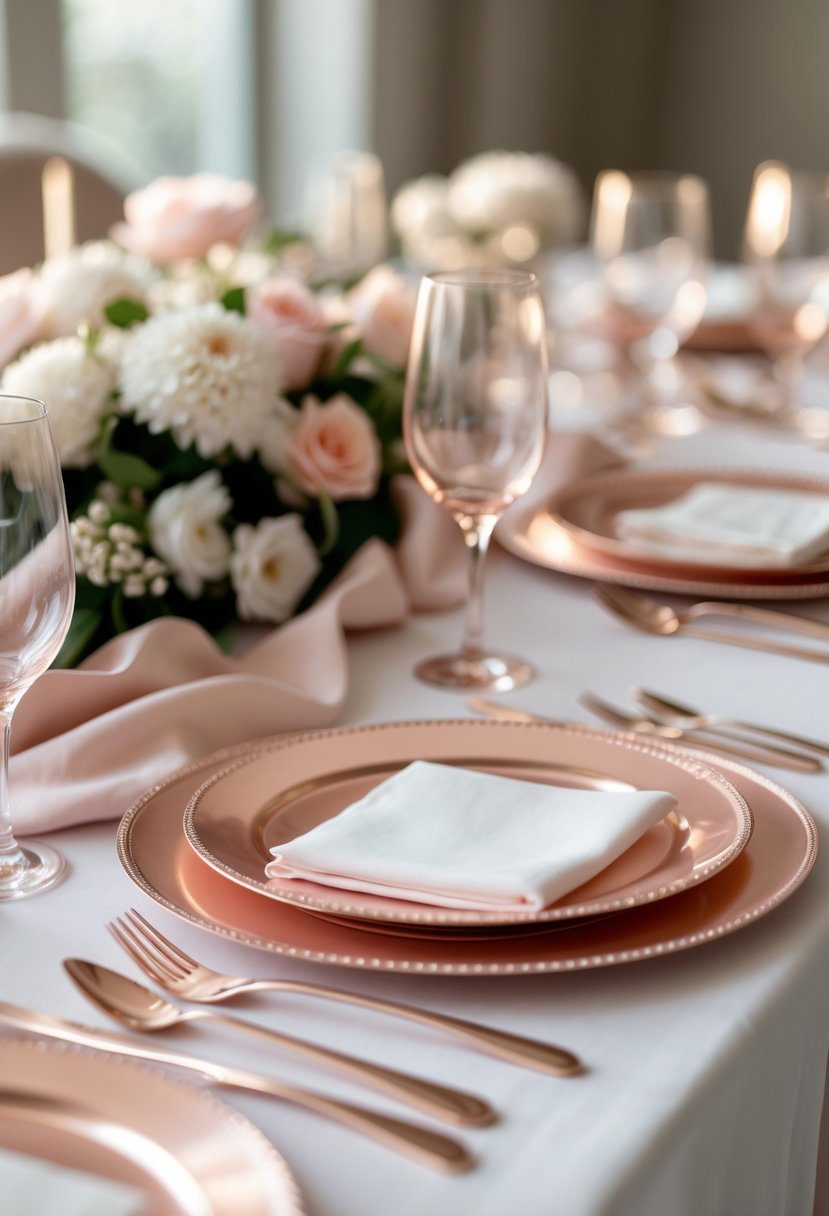 A dining table set with rose gold charger plates, white napkins, glassware, silverware, and floral centerpieces.