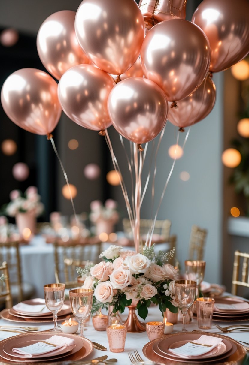 A party table decorated with rose gold metallic balloons and matching rose gold tableware and floral centerpieces.