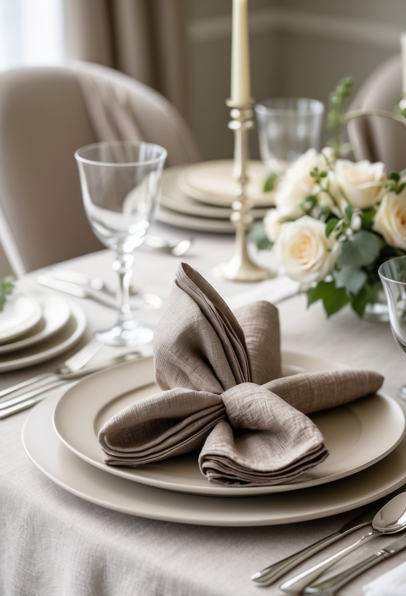 A wedding table set with textured taupe napkins, neutral plates, glassware, and silver cutlery arranged neatly on a beige table.