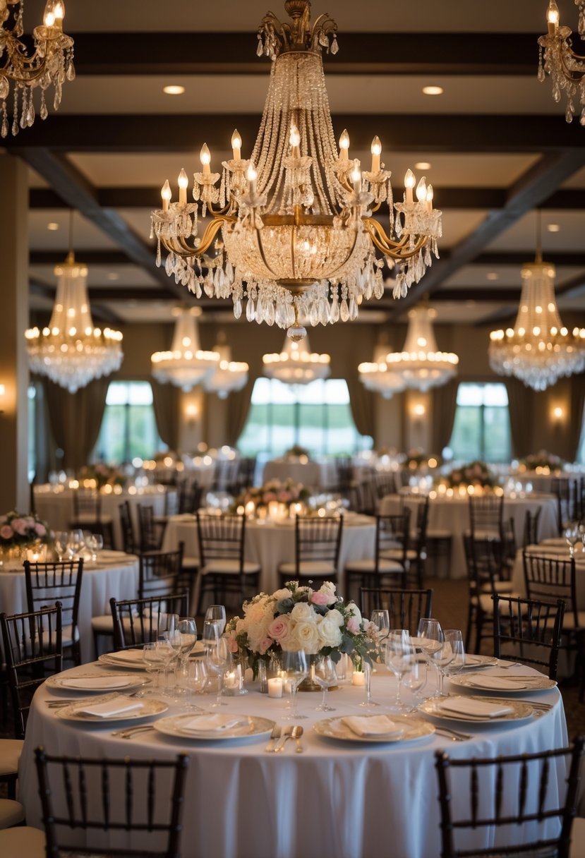 Wedding reception room with 18 round tables set for guests and vintage crystal chandeliers hanging above each table.