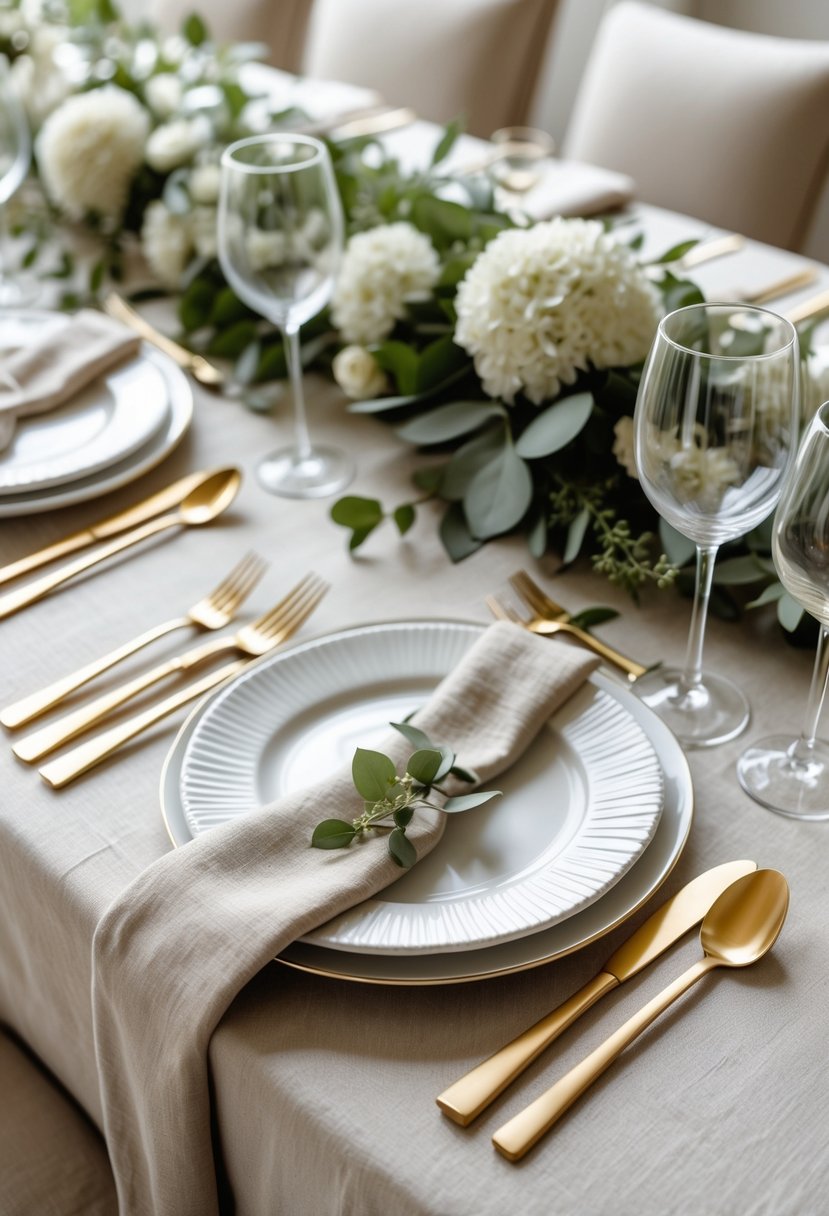 A wedding table set with brushed gold flatware, white plates, neutral-colored linens, greenery, and white flowers.