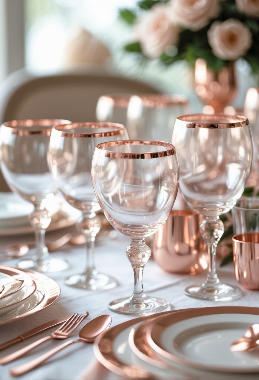A neatly arranged table setting featuring glassware with rose gold rims and matching rose gold accents on the table.