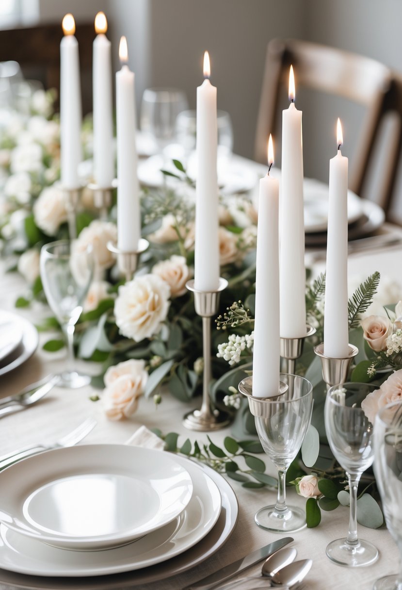 A wedding table set with white taper candles, neutral-colored linens, greenery, and elegant tableware.