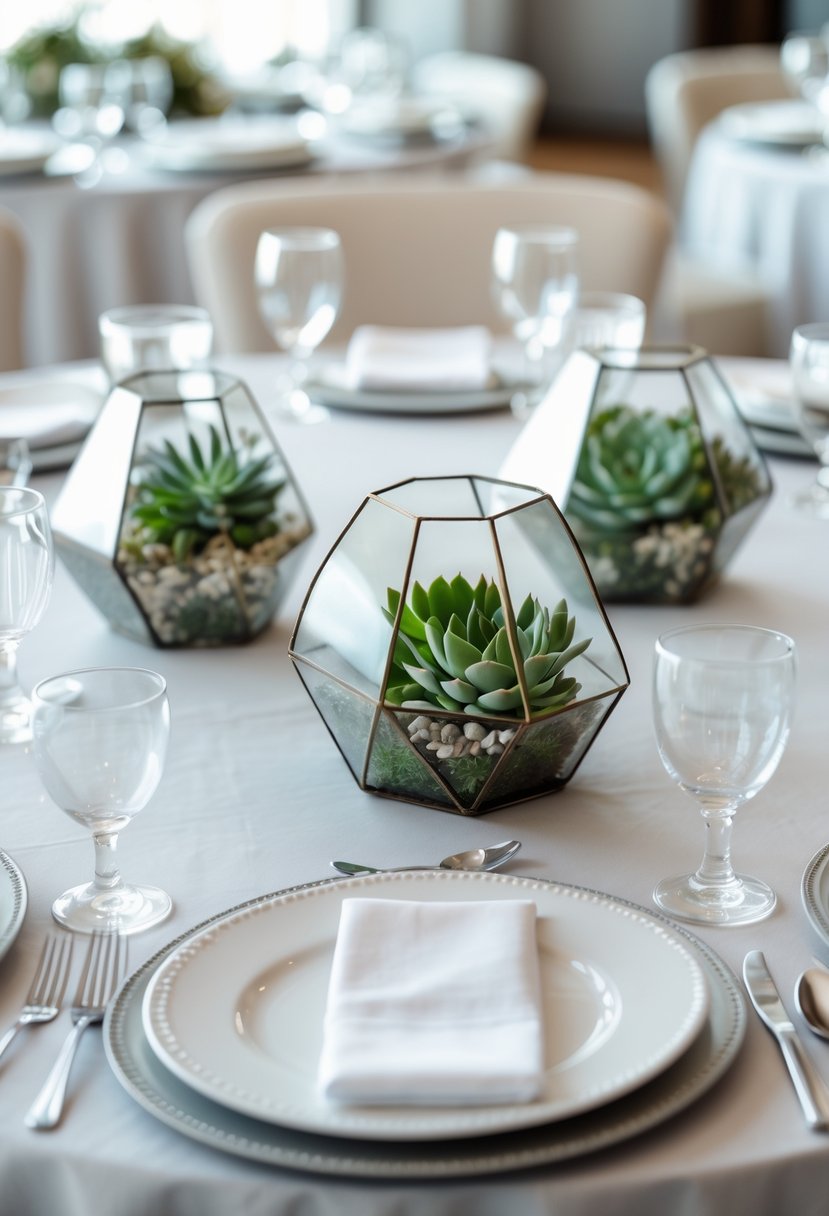 Round wedding table with minimalist succulent centerpieces in geometric glass terrariums surrounded by tableware.