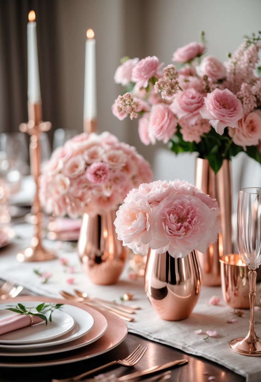 A table set with soft pink floral arrangements in rose gold vases and matching rose gold tableware.