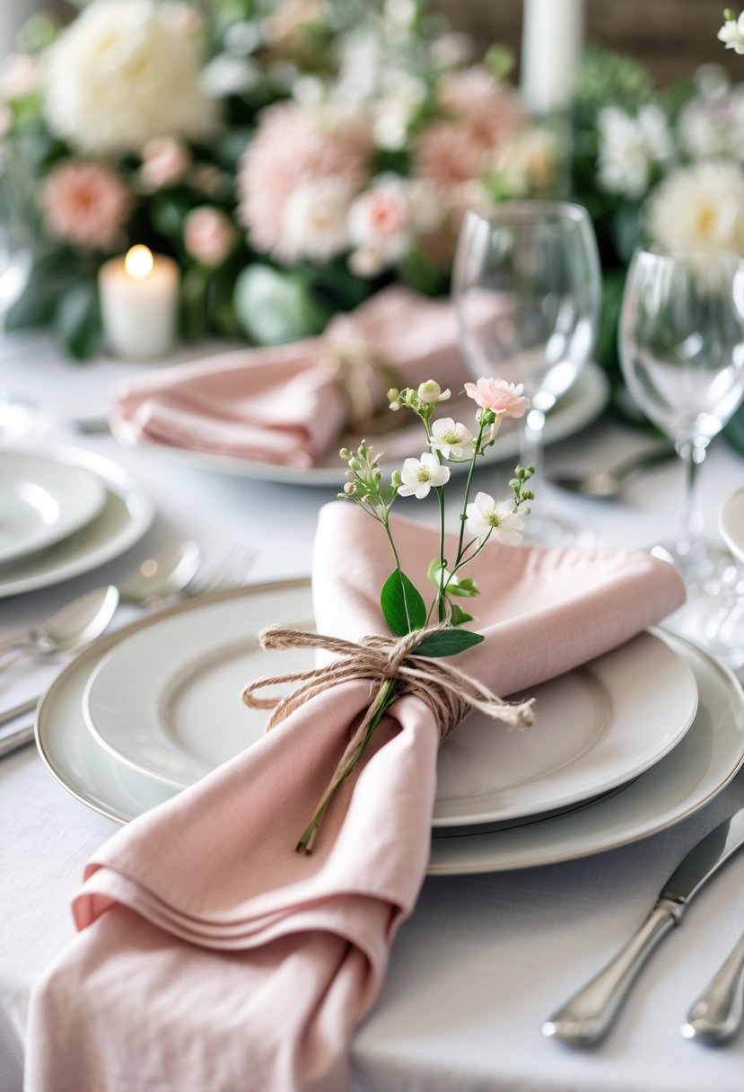 Round wedding table set with blush pink napkins tied with twine and small flowers, surrounded by plates, cutlery, and glassware.