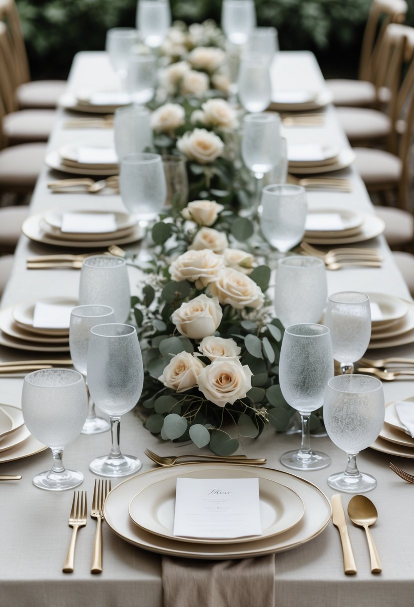 A wedding table set with translucent frosted glassware, neutral-colored linens, and simple floral decorations.