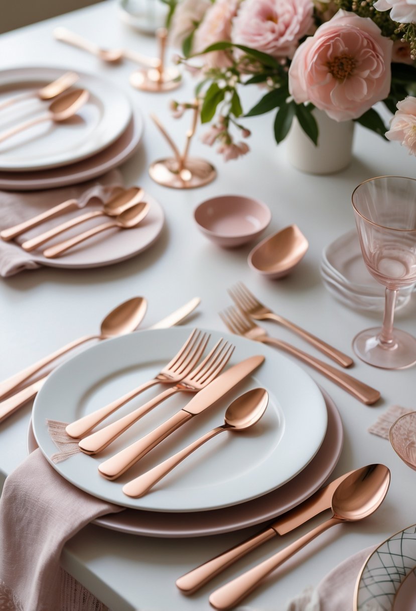 A rose gold flatware set with matte finish arranged on a table with plates, napkins, flowers, and glassware.