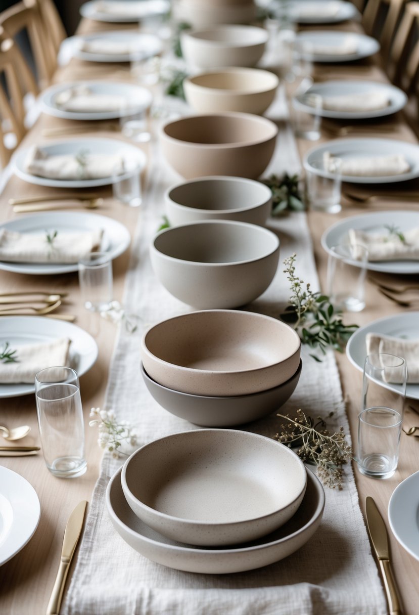 A wedding table set with neutral-colored stoneware bowls, plates, glassware, and natural floral accents arranged neatly.