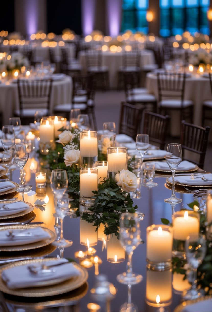 Eighteen round tables set for a wedding with mirror table runners and lit votive candles reflecting on the mirrors.