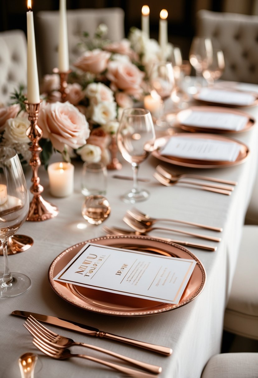 A dining table with rose gold menu cards at each seat, surrounded by rose gold tableware and floral decorations.