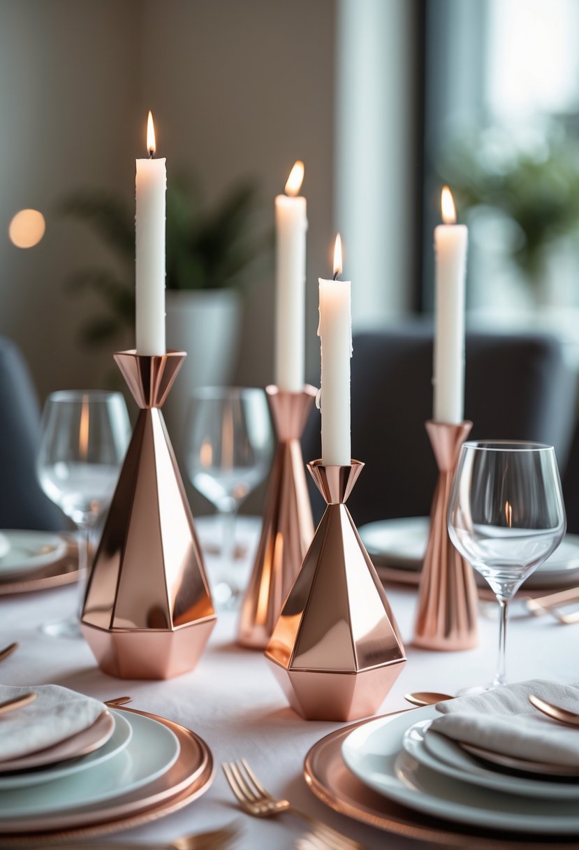 A modern table setting with rose gold geometric candle holders holding white candles and matching rose gold accents on the table.