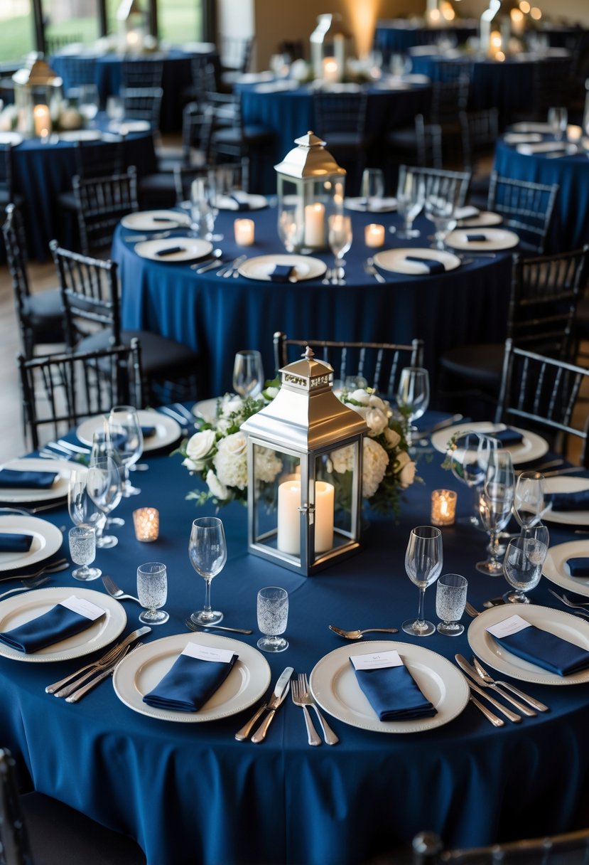 Eighteen round tables set for a wedding with navy blue tablecloths and silver lantern centerpieces in a spacious venue.