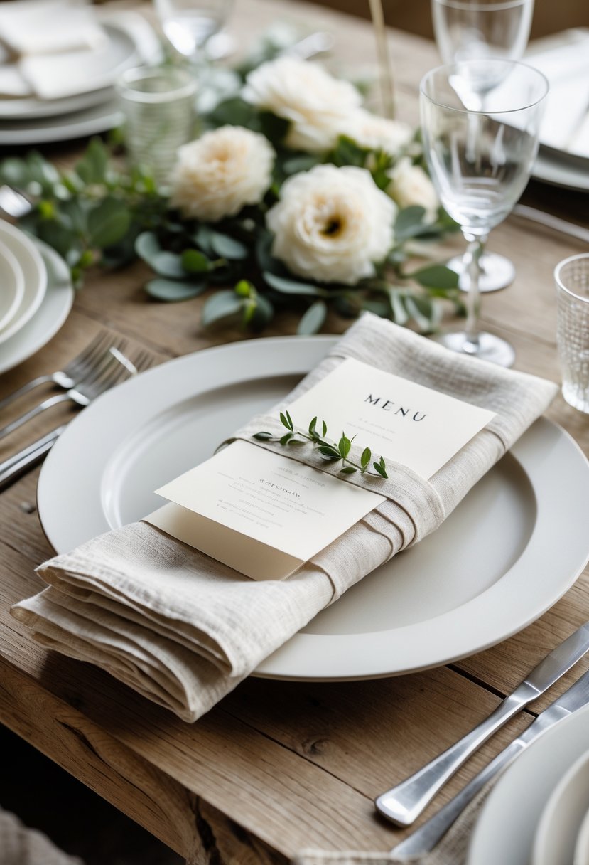 A wedding table set with linen-wrapped menu cards, flowers, greenery, plates, and glassware on a wooden surface.