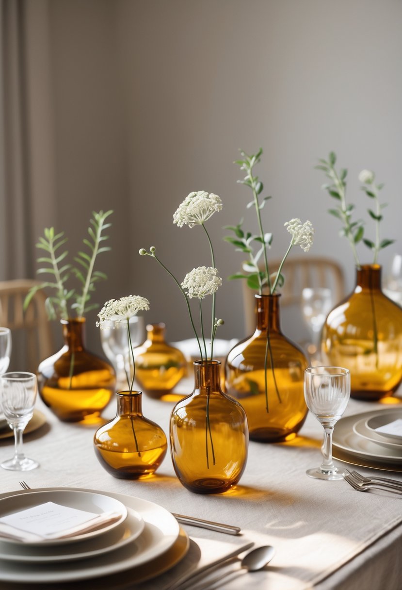 A wedding table set with amber glass vases holding white flowers and greenery on a neutral-colored tablecloth.