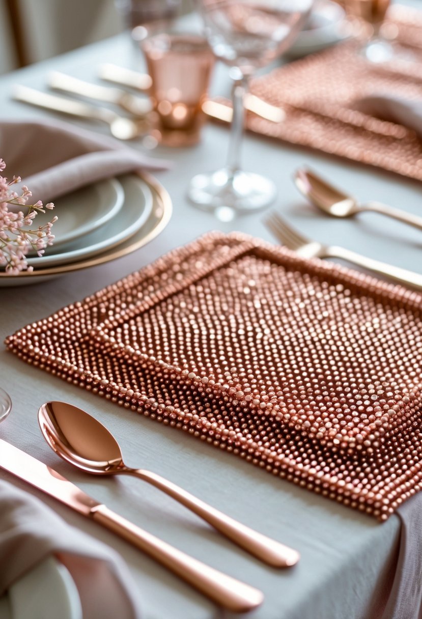 A close-up of rose gold seed bead placemats on a table set with matching flatware, glassware, and napkins.