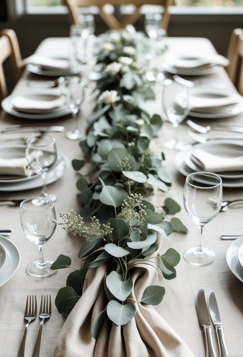 A wedding table set with muted sage green eucalyptus sprigs, neutral-colored linens, white plates, glassware, and silver cutlery arranged elegantly.
