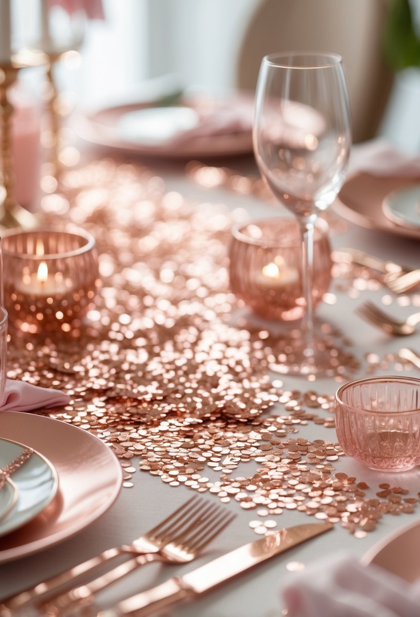 A table decorated with glittery rose gold confetti and matching rose gold tableware arranged for a celebration.