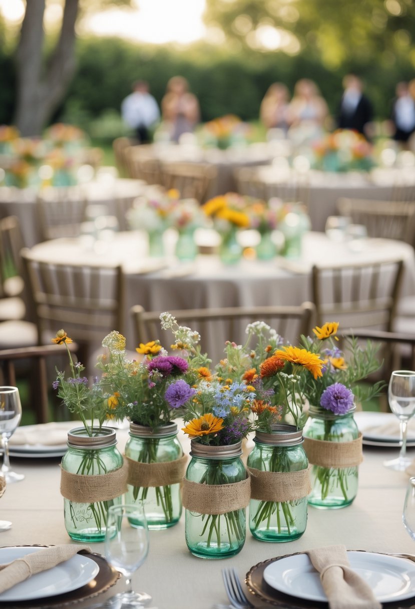 Multiple round tables set for a wedding with Mason jars filled with wildflowers and burlap decorations as centerpieces.