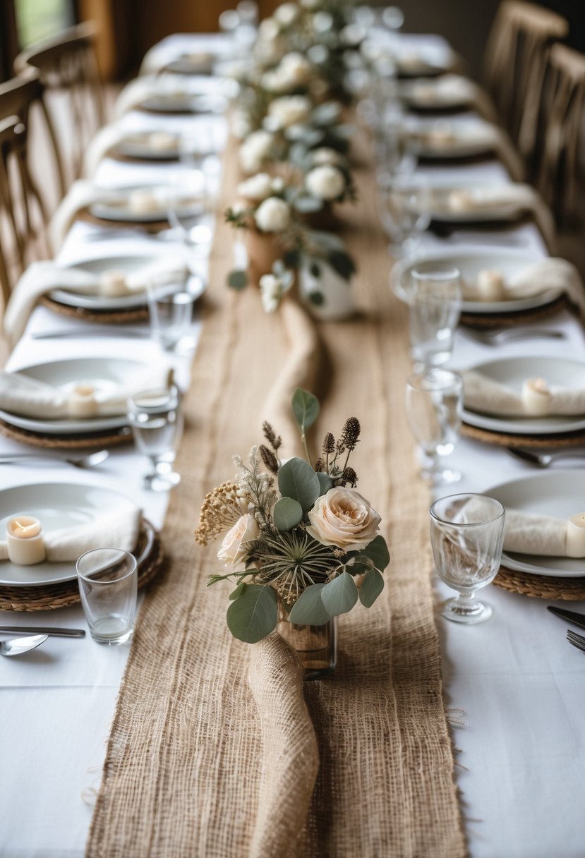 A wedding table set with natural jute runners, white plates, glassware, cutlery, and floral centerpieces.