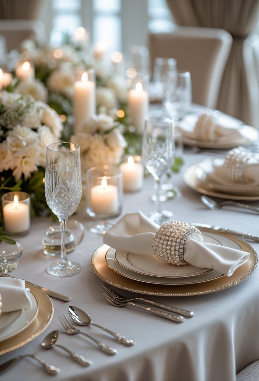 A round wedding table set for 18 with white napkins held by pearl and crystal napkin rings, surrounded by floral centerpieces, candles, and fine dining ware.
