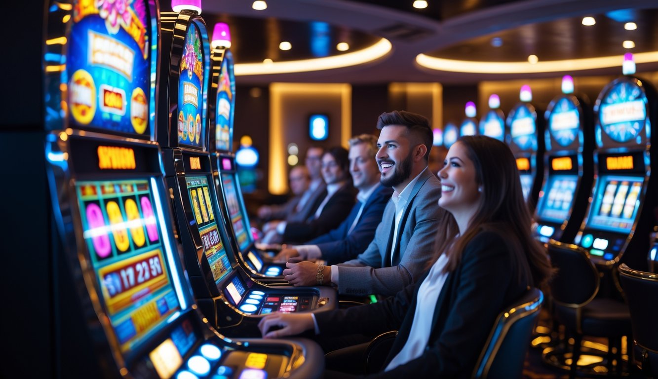 Beberapa orang bermain mesin slot yang berwarna-warni di dalam kasino modern dengan pencahayaan hangat.