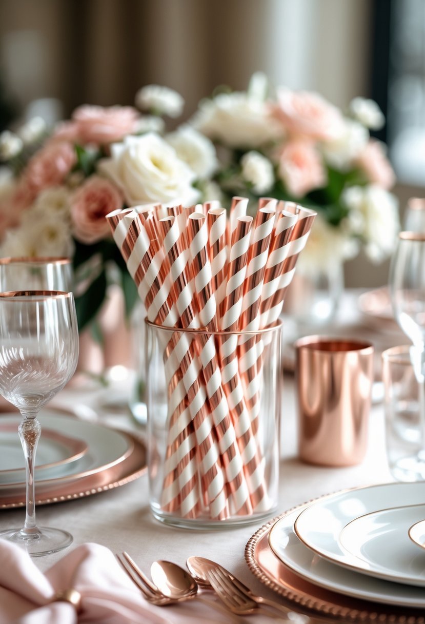 A table set with rose gold and white striped paper straws surrounded by rose gold cutlery, white plates, and pink and white floral decorations.
