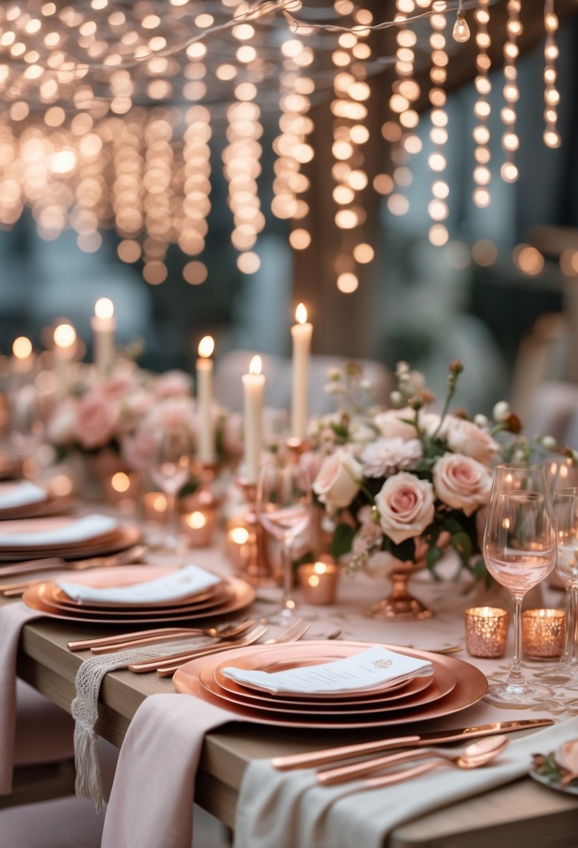 Dining table set with rose gold plates, cutlery, glassware, and fairy lights hanging above.