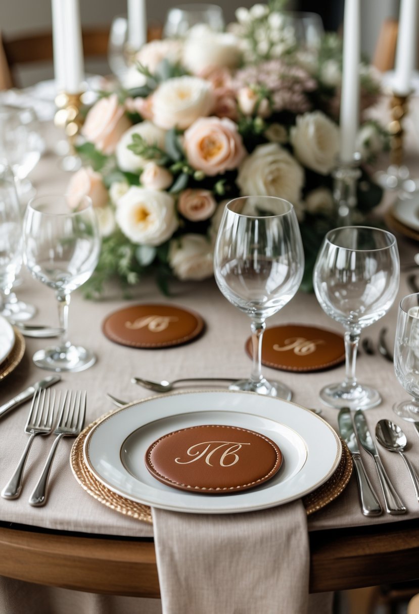 A round wedding table set for 18 guests with plates, silverware, glassware, floral centerpieces, and monogrammed leather coasters at each place setting.