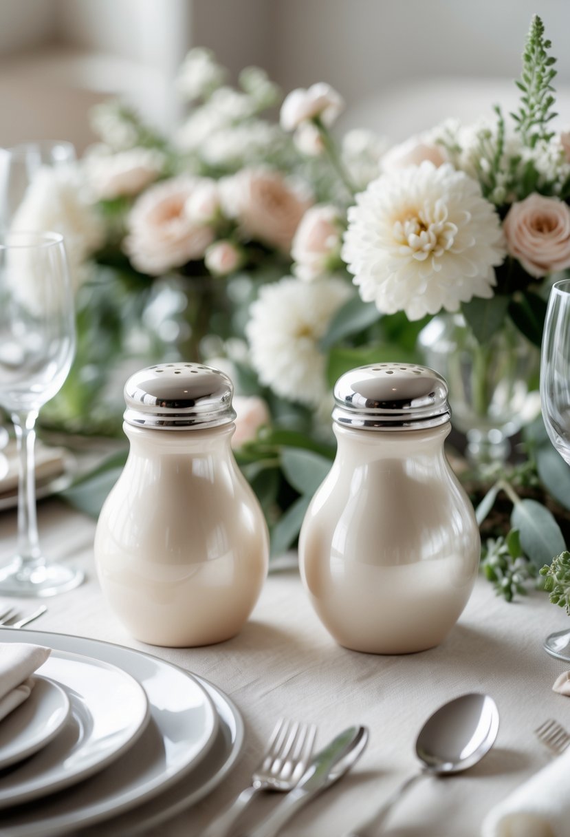 A pair of pearl-toned ceramic salt and pepper shakers on a neutral-colored wedding table with flowers, glassware, and cutlery.