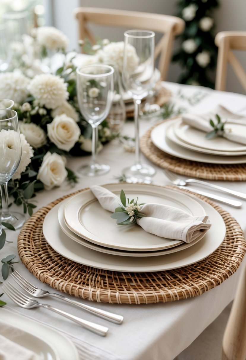 A wedding table set with handwoven rattan placemats, neutral plates, glassware, and simple floral arrangements.