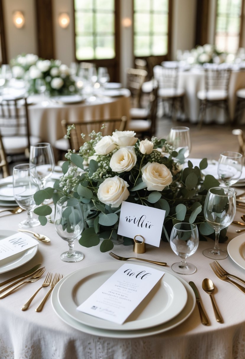A wedding table setting with round tables featuring place cards on eucalyptus sprigs surrounded by elegant tableware.