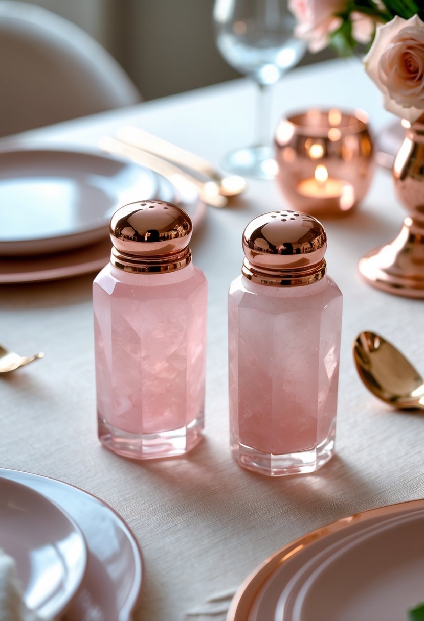 A pair of rose quartz and rose gold salt and pepper shakers on a dining table with rose gold tableware and soft natural lighting.
