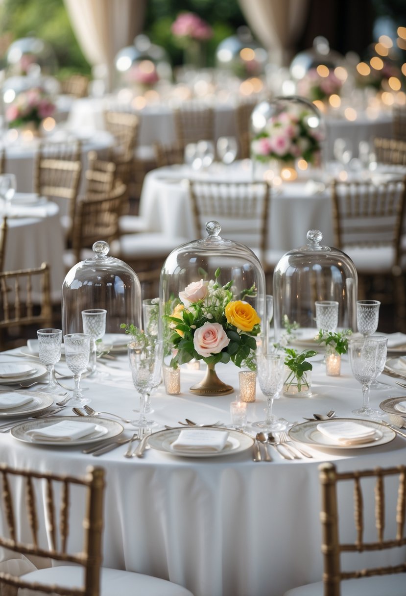 A wedding reception with 18 round tables, each decorated with small floral arrangements covered by clear glass domes.