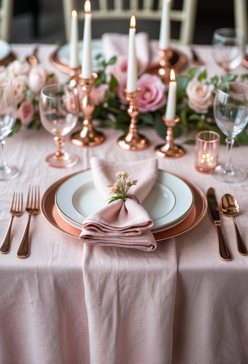 A table set with a blush pink linen tablecloth and rose gold cutlery, candle holders, and decorations.