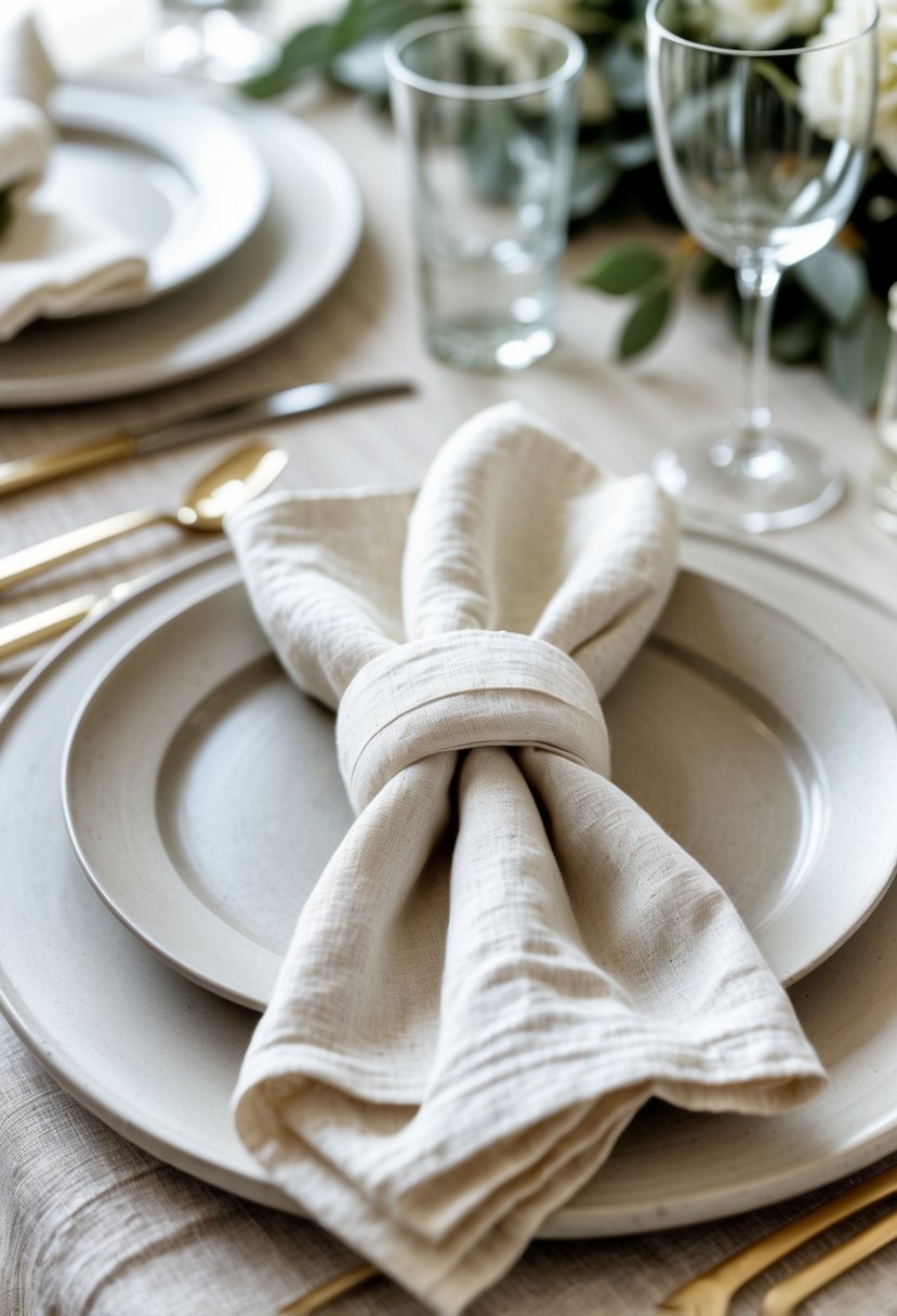 A wedding table set with off-white linen napkin rings around folded napkins on plates, surrounded by neutral-colored tableware and subtle greenery.