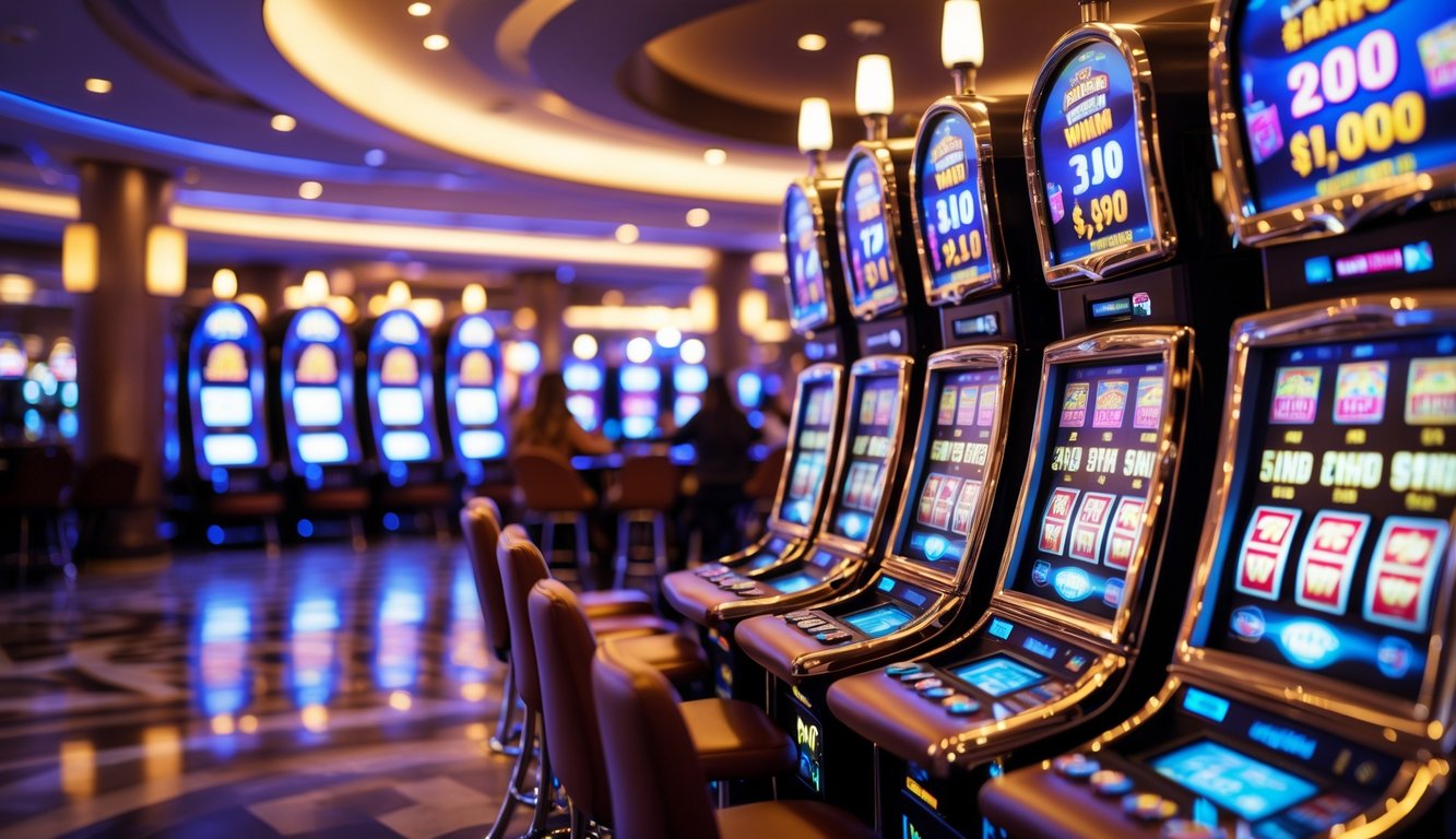 Suasana kasino modern dengan mesin slot berwarna-warni dan orang-orang yang menikmati permainan.