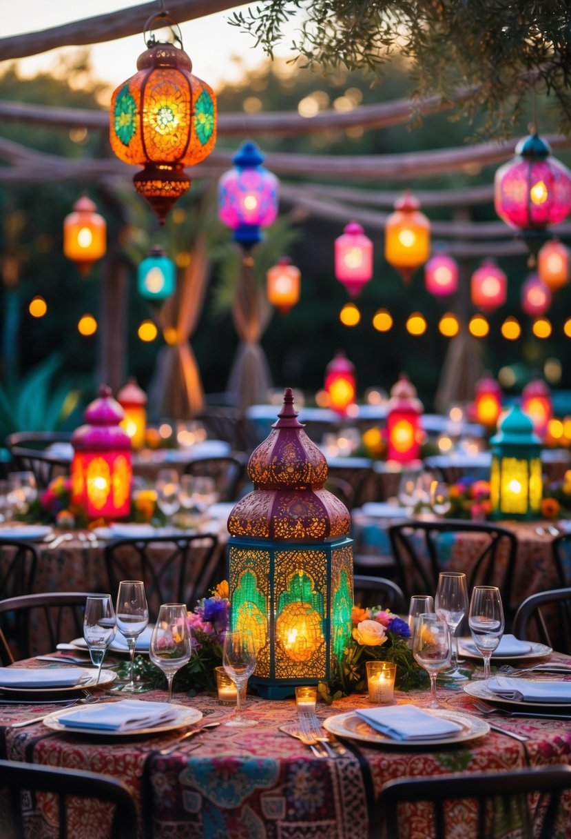 Round tables set outdoors with colorful Moroccan lanterns and floral decorations for a wedding celebration.