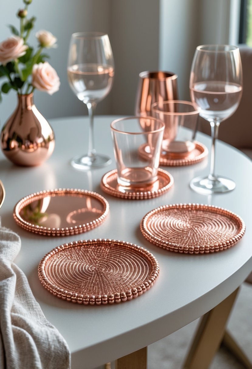 A set of rose gold beaded coasters placed on a table beneath glassware with a small vase of flowers nearby.