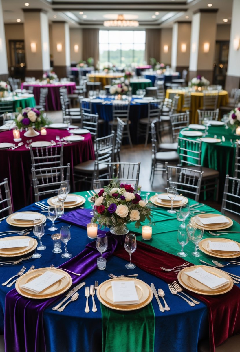 Eighteen round tables set for a wedding, each with colorful velvet table runners and elegant place settings in a decorated venue.