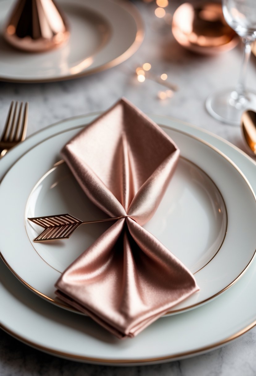 A rose gold napkin folded into an arrow shape placed on a white plate with matching rose gold cutlery and a small arrow-shaped decoration on a table.