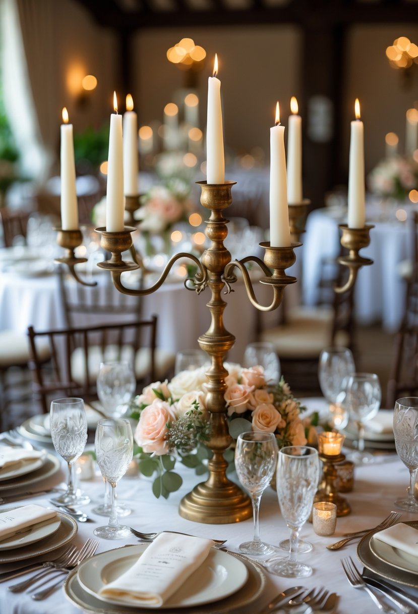 A round wedding table set for 18 with antique brass candle sconces holding lit tapered candles, floral centerpieces, and elegant tableware.