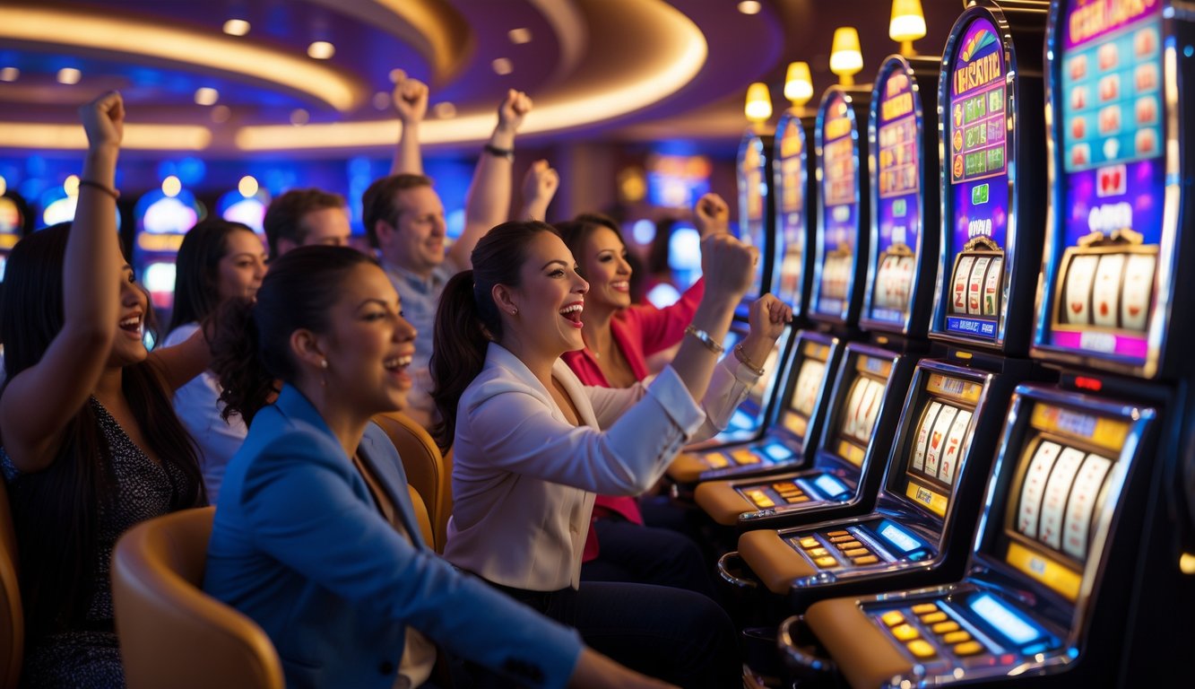 Orang-orang bermain mesin slot yang terang dan ramai di dalam kasino yang elegan.