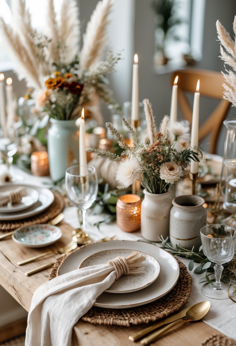 A wedding table set with flowers, candles, glassware, plates, and cutlery arranged on a wooden surface.