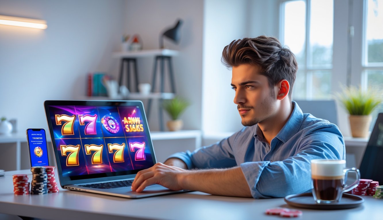 Seorang pria muda duduk di meja kerja dengan laptop yang menampilkan permainan slot online, dikelilingi oleh chip poker dan ponsel, di ruang kerja yang terang dan rapi.