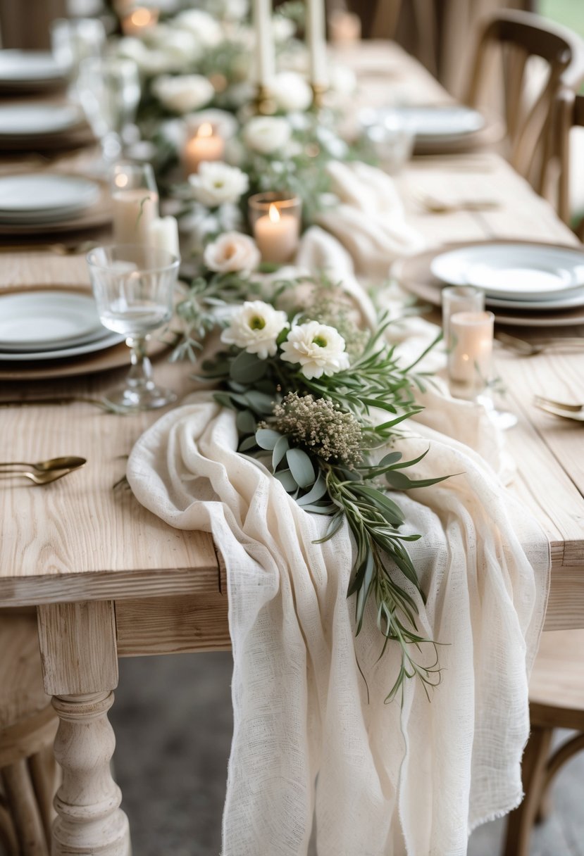 A wedding table set with flowing cheesecloth table runners, flowers, greenery, candles, and elegant dishware on a wooden table.