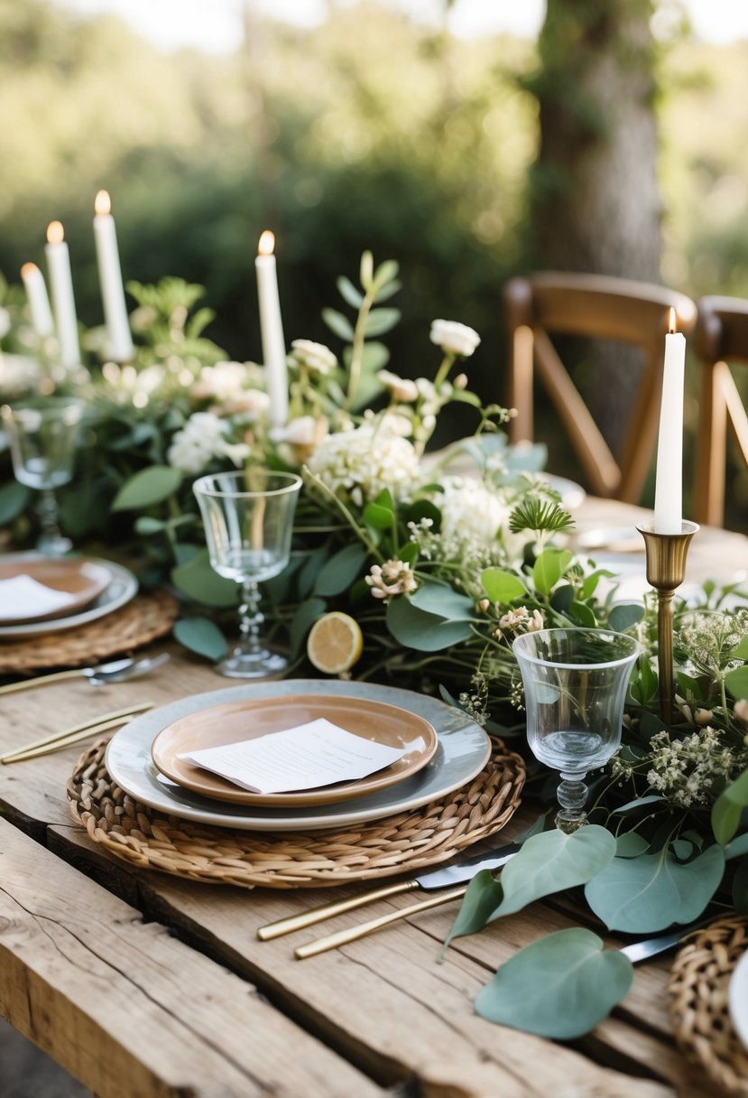 A rustic wooden table set with greenery, flowers, plates, glasses, and candles arranged for a wedding.